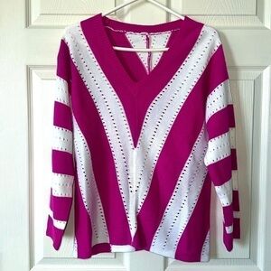 Asvivid Color Block Striped V Neck Sweater for Women Long Sleeve Knit Size Small
